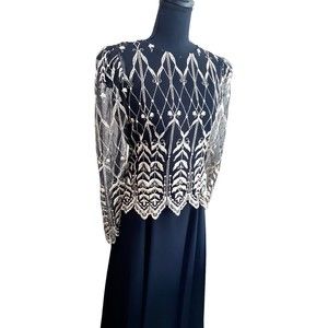 CACHET Bari Protas Women Dress Black w Beige Lace Embroider Evening Dress 11/12